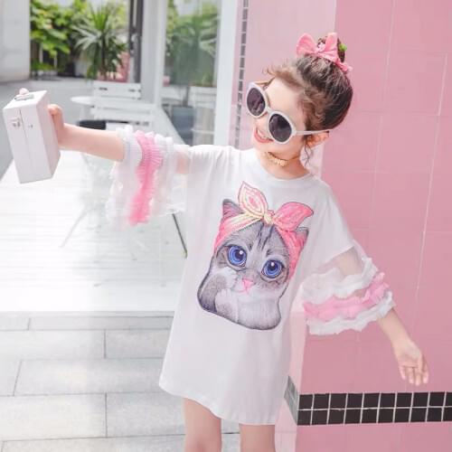 Summer girls dress baby tee dress kids fashion streetwear Children vestidos sequin cat patch mesh puff sleeve 4-14 girls dresses