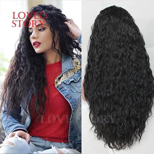 Lovestory Long Loose Curly Heat Resistant Fiber Synthetic Lace Front Wigs Black Color Synthetic replacement Wig