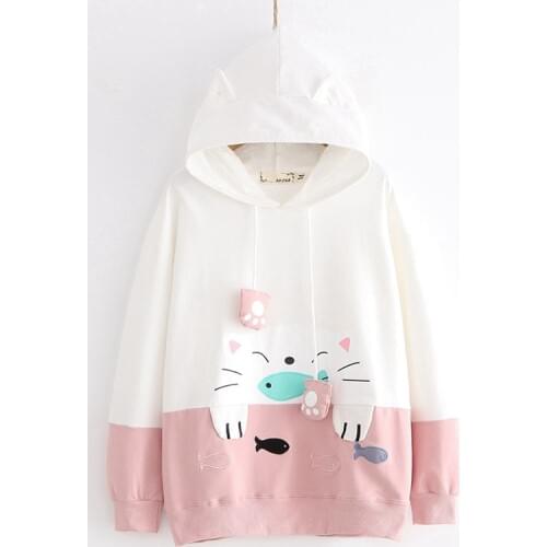 Kawaii Anime Hoodies Teen Girls Harajuku Cute Cat Graphic Pullovers Long Sleeve Cartoon Black Pink Women Ear Hooded Sweatshirt