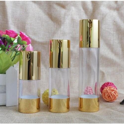 New Gold Cosmetic Airless Lotion Bottle Essence Serum Packaging Pump Bottles 15ml 30ml 50ml Empty Makeup Containers 100pcs SN136