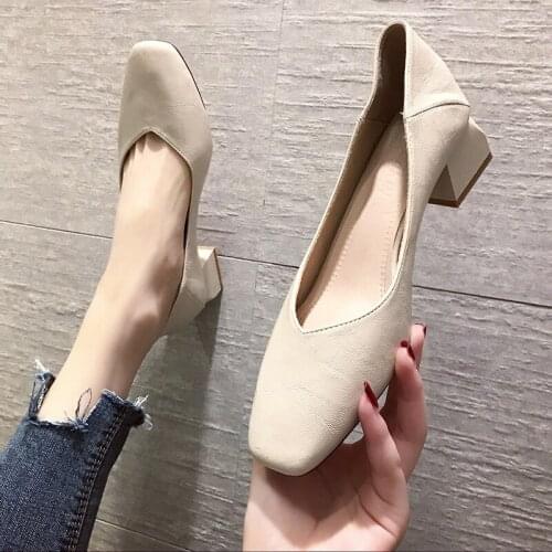 Solid Leather Women Shoes Woman Pumps 2020 New Fashion Spring Autumn Slip on Shallow Square Toe High Heels Casual Shoes
