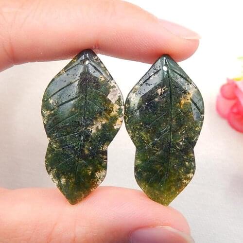 Birthday gift,Natural Moss Agate Gemstone Fashion woman Carved Leaves Earring,Semiprecious jewelry earring 35x18x4mm，6.7g