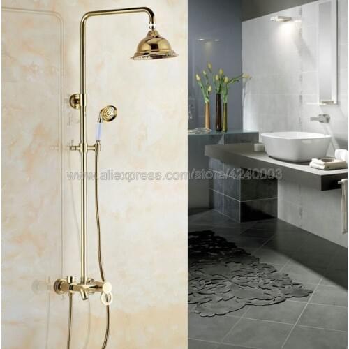 Luxury Gold Color Brass Bathroom Rain Shower Faucet Set Tub Mixer Tap Hand Shower Wall Mounted Kgf416