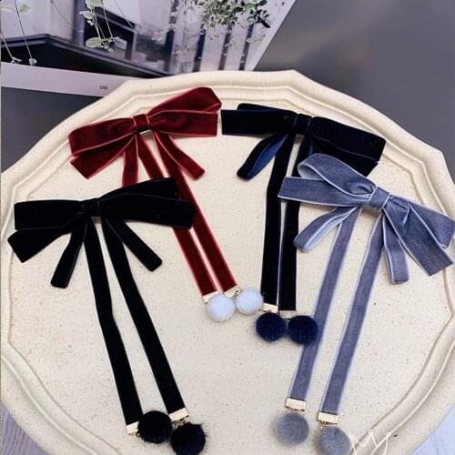 Handmade velvet ribbon bow with long tassel ornament felt beads hair clip pins grips 3 layer superior quality
