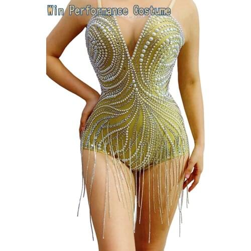 Silver Rhinestone Fringe Spandex Bodysuit Women Dance Show Pearl Outfit Birthday Celebrate Prom Party Singer Wear