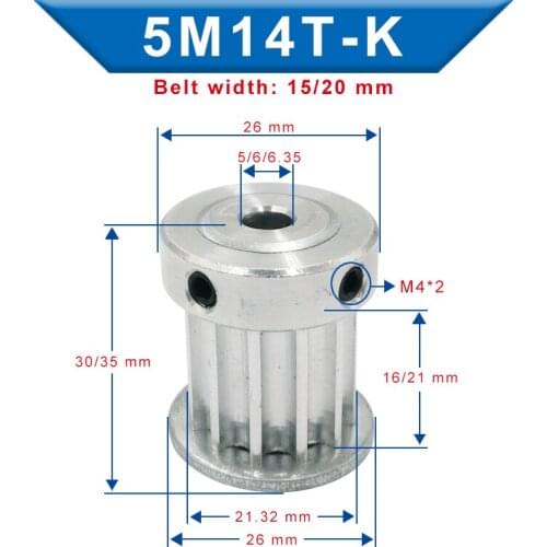 5M-14T Pulley Inner Bore 5/6/6.35/8/10 mm Aluminum Belt pulley Slot Width 16/21 mm For Width 15/20 mm 5M-round polyurethane belt