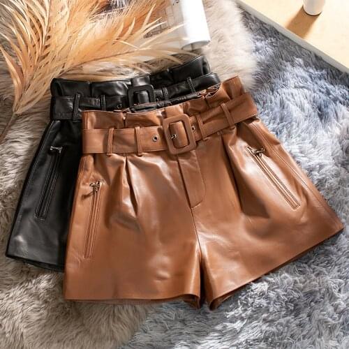 Female High Waist Shorts Summer 2021 Real Sheepskin Leather Shorts for Women Slim Womens Short Ropa Para Mujer Zjt2444