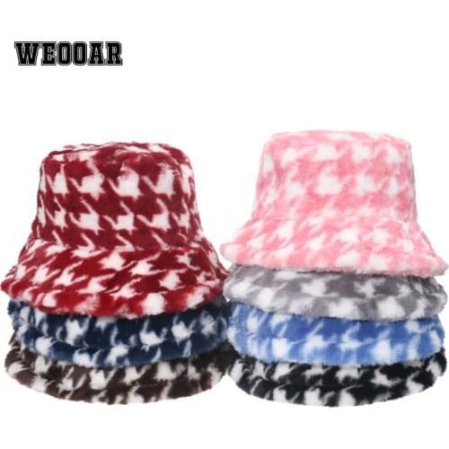 WEOOAR Houndstooth Warm Womens Bucket Hat Bob Man 2021 Winter Panama Hat Children Travel Sun Cap Female Fisherman Gorro MZ173
