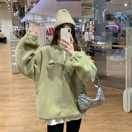 Autumn Winter Green Hoodies Women Imitation Lamb Velvet Short Plus Velvet Thick Hooded Sweatshirt Female Loose Student Jacket