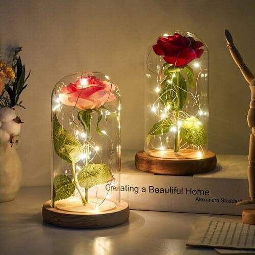 Eternal Flower Glass Dome Wood Base LED Light Valentine Day Gift Artificial Rose Flower Creative Home Decor Artificial Decor