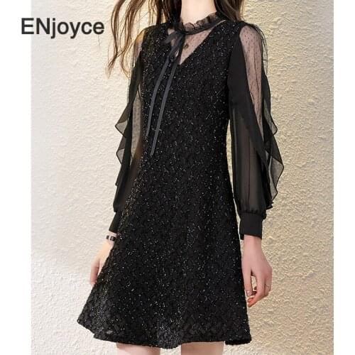 Vintage Black Mesh Stitching Lace Ruffled Dress Spring Fall Women Party Prom Mini Dress Ladies Hollow Bodycon A-Line Dresses