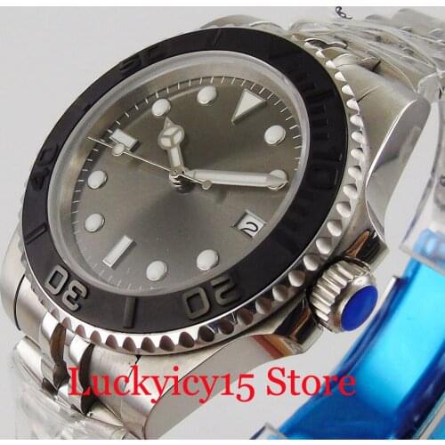 Japan NH35 Business Mechanical Men Watch Sunburst Grey Sterile Dial Jubilee Bracelet Brushed Insert Screw Crown without Cyclop