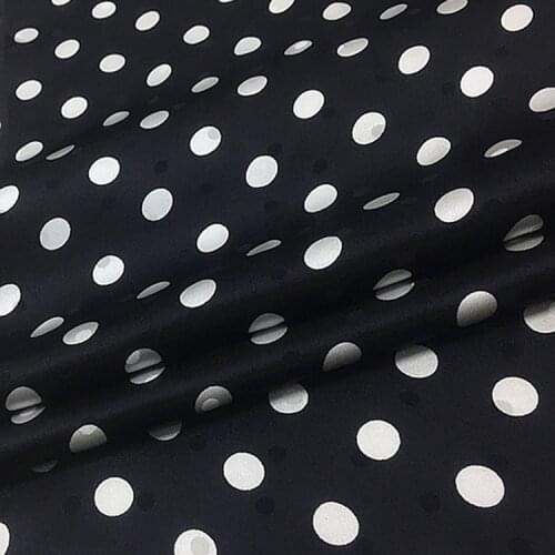 Jacquard design white polka dot print on black pure silk crepe satin fabric smoothly,SSC500