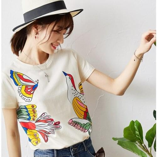 Printed New Birds color t shirts female 2021 summer wear round collar short sleeve shirt cotton blouse