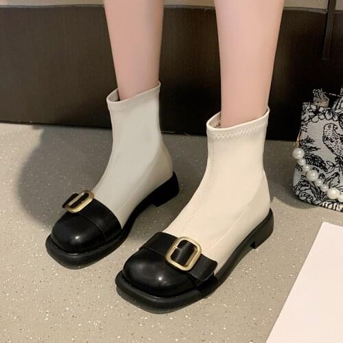2021 Fashion Ankle Short Boots Spring Autumn Round Toe Square Heels Shoes Female Korean Style Zipper Shoes Ladies Modern Boots