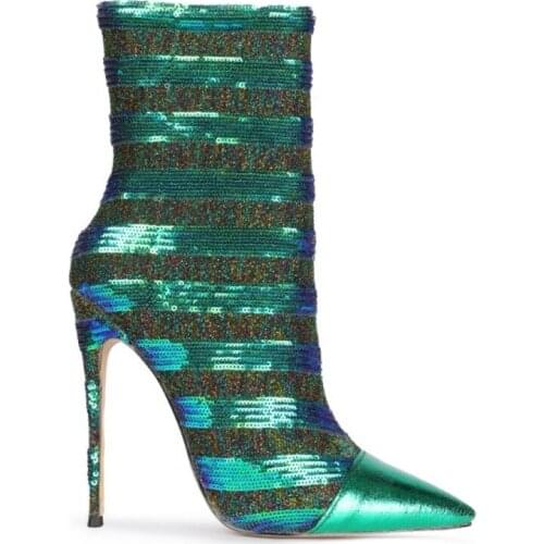 OLOMLB Womens Pointed Toe Sequins Green Bling Ankle Boots Block High Stilettos Heel Leather Shoes Gold Glitter Plus Size 34-45