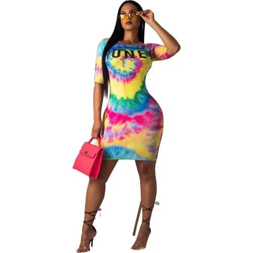 S-XL Womens Sexy Honey Text Print Tie Dye Bodycon Dress Short Sleeve Club Mini Dress T Shirts Dresses