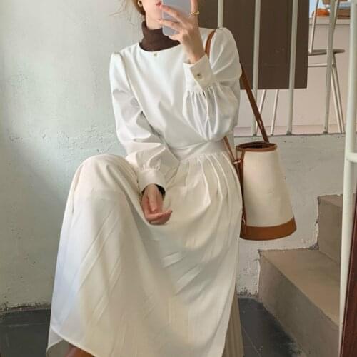 2021 Spring Women Vintage White Long Pleated Dress High Waist A-line Full Sleeve Zipper Midi Dresses Round Collar