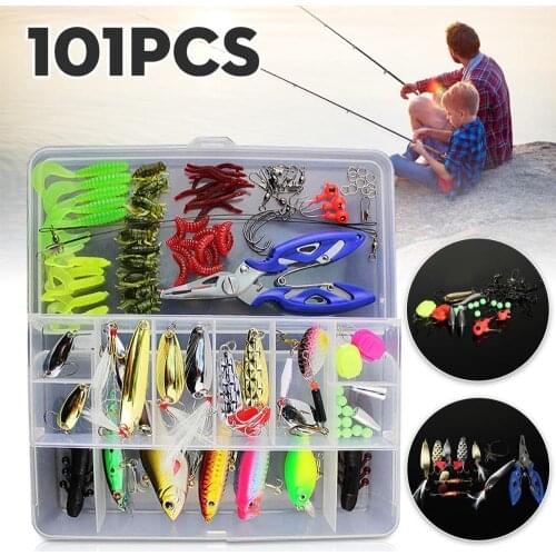 101Pcs Fishing Lure Spinners Plugs Spoons Soft Bait Pike Trout Salmon+Box Set
