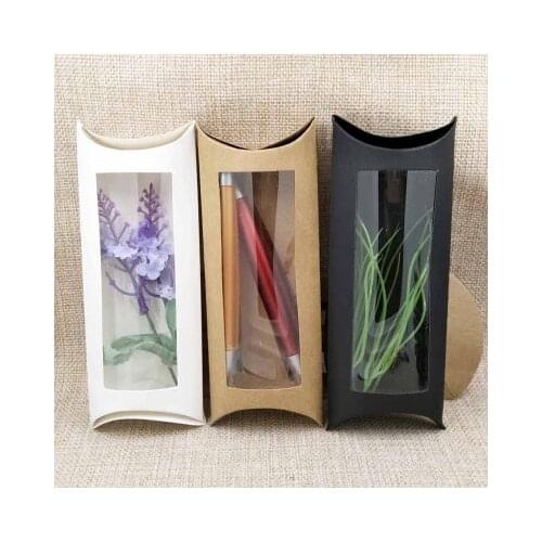 50pc 16*7*2.4cm brown/white/black cardboard pillow window box with clear pvc for proucts/gifts/favors/display packing show