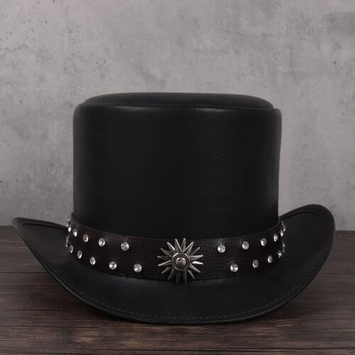 Women Men Leather Top Hat President Traditional Fedoras Hat Magician Steampunk Cosplay Party Caps Dropshiping 3Size 13CM Top