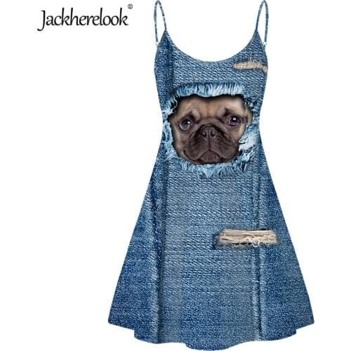 Jackherelook Denim Pug Dog Animel Print Backless Dress Women Strap Sleeveless Halter Party Club Female Dresses Vestido de Mujer