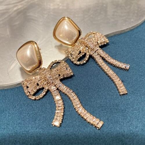 Crystal Gold Color Classic Cubic Zirconia Bow Earrings Tassel Chain Temperament Wedding Dress Dinner For Women Boho Jewelry