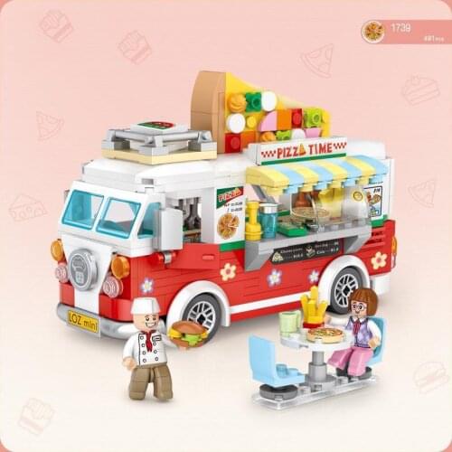 Disney world park vehicle mini block Disneyland Pizza fast food truck figures model building brick educational toy for gift