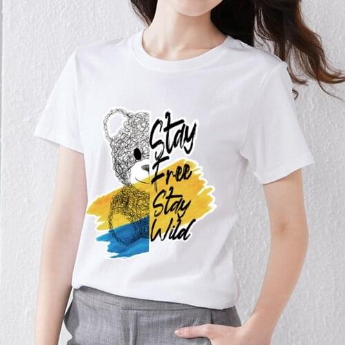 New Female T-shirt Cartoon Letter Cute Bear Print Cute T-shirt Youth Fashion Commuter All-match Breathable Shirt Soft Ladies Top