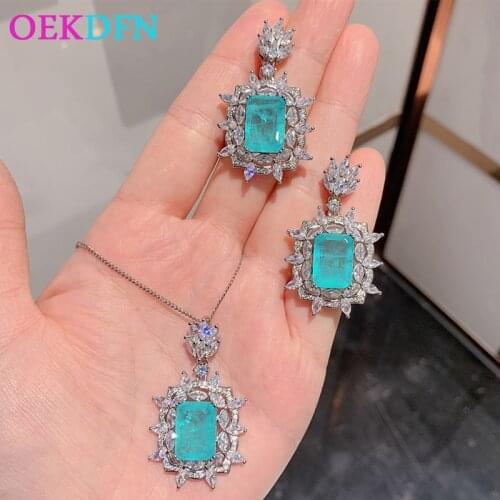 OEKDFN Luxury 925 Sterling Silver Paraiba Tourmaline Emerald Gemstone Pendant/Necklace/Earrings Wedding Anniversary Jewelry Set