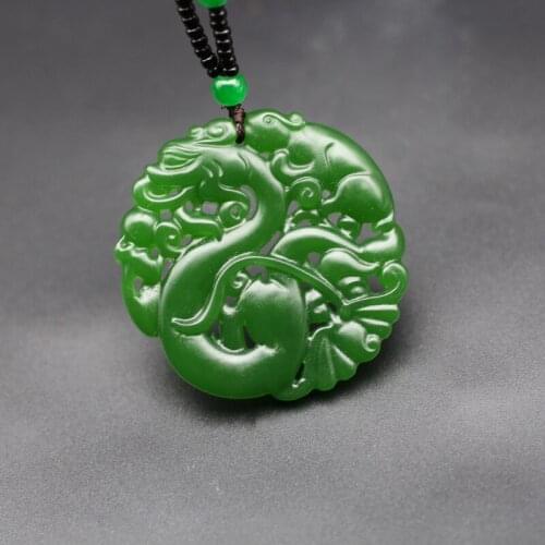 Chinese Natural Green Jade Dragon Pendant Necklace Double-sided Hollow Carved Charm Jewelry Fashion Accessories Amulet Gifts