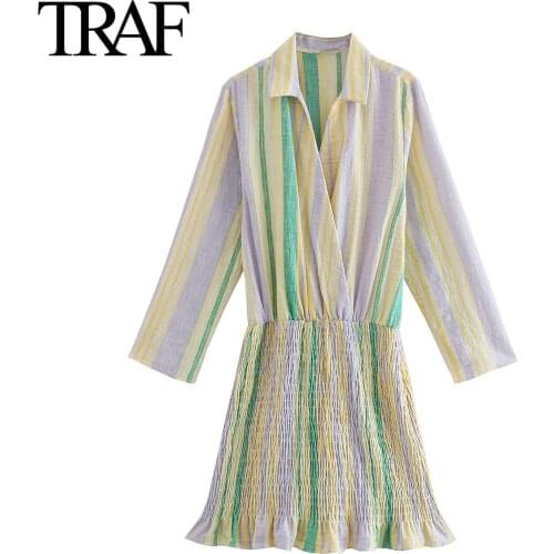 Traf Za Women Clothes Vintage Stripe Long Sleeve Sexy Bodycon Dress Female French Elegant Mini Dresses Vestido Feminino