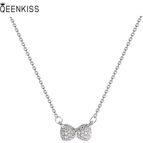 QEENKISS NC757 Fine Jewelry Wholesale Fashion Trendy Woman Birthday Wedding Gift Bowknot AAA Zircon Clavicle Pendant Necklace