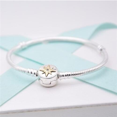 New Moments Silver Bracelet with round golden Clasp snake bracelets for women fit silver 925 Original charms beads DIY make