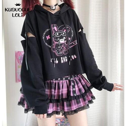 Oversized Hoodie Short Sweatshirt Girl Loli Black Long Sleeve Stitching Ribbon Hollow Dark Style Halloween Hooded Top Saw-Rabbit