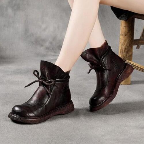 Female Genuine Leather Shoes for Women Boots Lace-up Round Toe Flat with 2021 New Autumn Winter Retro Handmade Platform Boots
