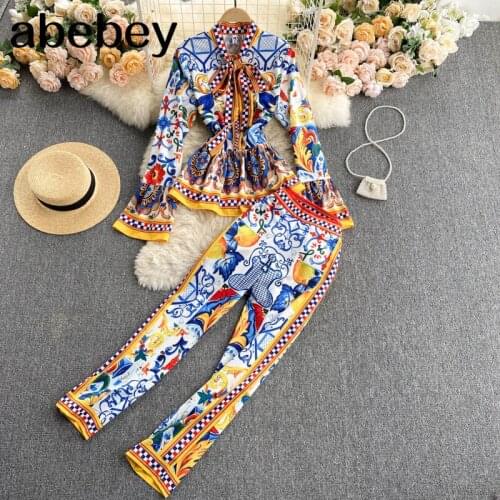 Women Autumn Korean Print Set Bow Collar Puff Sleeve Short Tops+High Waist Pleated Long Pants Two Pieces Set