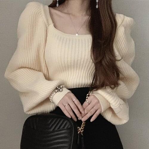 Korean Chic Autumn and Winter New Style Gentle Wind Square Collar Lazy Wind Loose Lantern Sleeve Pullover Knitted Sweater Women