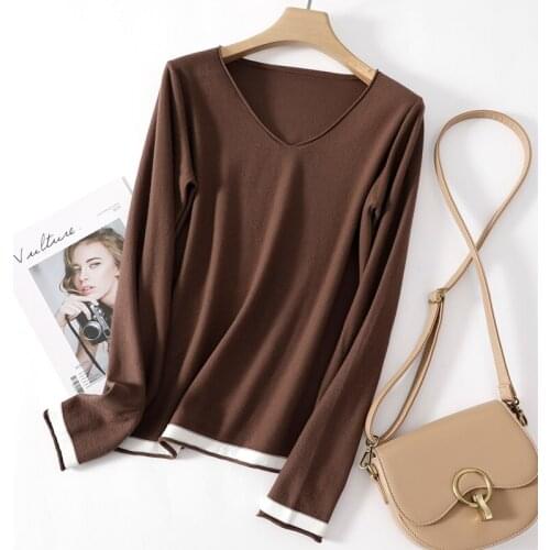 Spring 2021 New 100%Cotton Linen Knit Long-Sleeved Base Shirt Ladies V-Neck Pure Cotton Sweater Plus Size Pullover All-Match Top