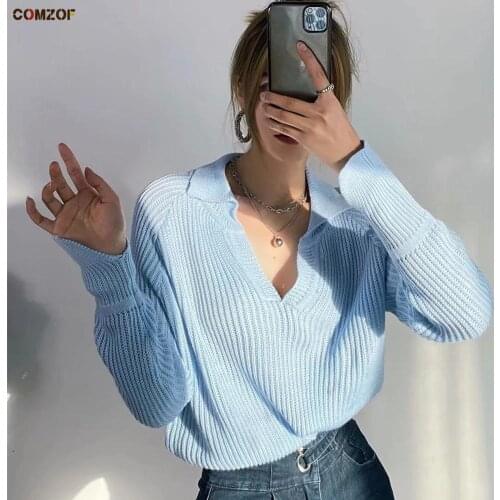 Korean Loose Women Sweaters Long Sleeve Pullover 2021 Spring Autumn Knitting V-Neck Tops Clothes Jumper Pull Femme Hiver
