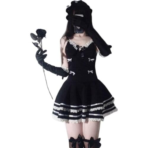 Japanese Women Lolita Maid Uniform Lingerie Bow Spaghetti Strap Backless Ruffles Dress with Hat Gloves Cosplay Nightwear