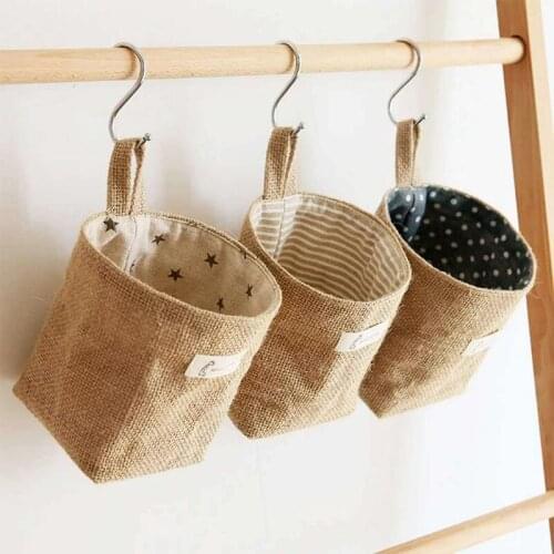1pcs Home Decor Stripe Hanging Pocket Small Sack Sundries Organizer Cosmetic Organiser Cotton Linen Storage Bag Storage Baskets