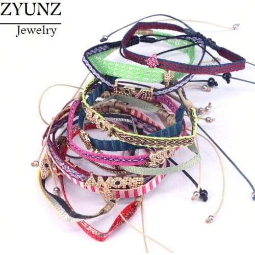 12PCS, CZ Micro Pave Assorted Charms Braided Bracelet Bohemia Woven Rope Jewelry Bracelets