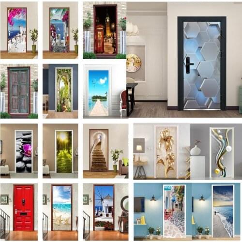 3D PVC Modern Design Door Sticker Porch Bedroom Decoration Poster Peel & Stick Waterproof Wallpaper Scenery Flowers Wall Decals