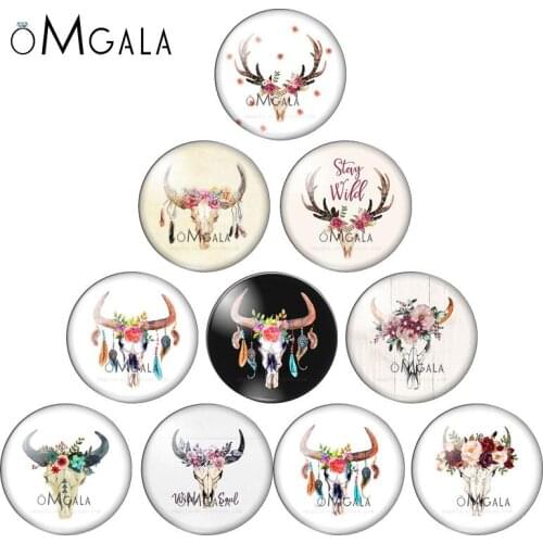 Boho Bull skull with cacti crown flowers 12mm/18mm/20mm/25mm Round photo glass cabochon demo flat back Making findings ZB0543