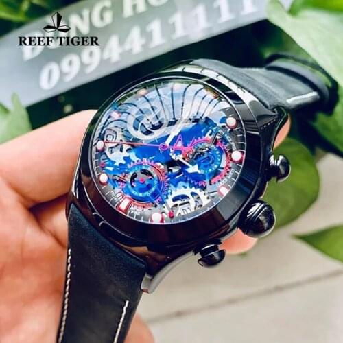 Reef Tiger/RT Luxury Mens Watches Top Waterproof Chronograph Calendar Genuine Leather Sport Military Quartz Male Clock