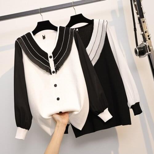 Black White Stitch Knitted Plus Large Size Oversize Korean Style Fashion Pullovers For WomenS Ladies 2021 Clothes Sweater Tops