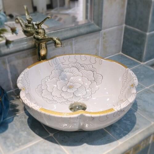 Flower Art Procelain Chinese Europe Vintage Style Art wash basin Ceramic Counter Top Wash Basin Bathroom Sinks bathroom sink
