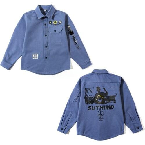Kids Boys long-sleeved cotton shirt cartoon printing new spring / autumn big virgin shirt lapel 4-12 years old