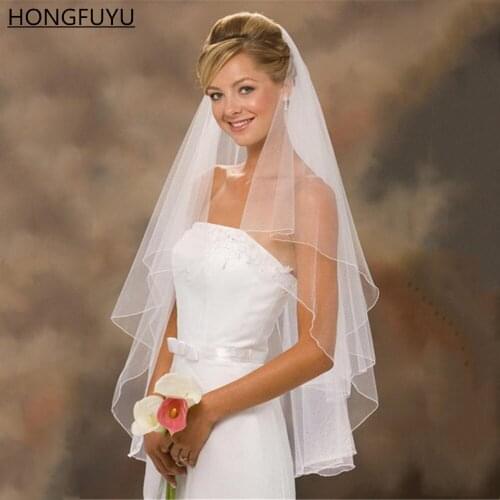 HONGFUYU Short Tulle Simple Wedding Veils With Comb Two Layer White Ivory Bridal Veil for Bride for Marriage Wedding Accessories
